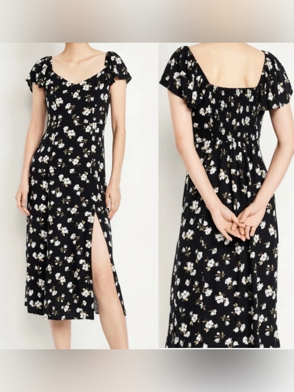 Old Navy Black Floral Flutter-Sleeve Crepe Midi Dress Size Large Boho Cottagecor